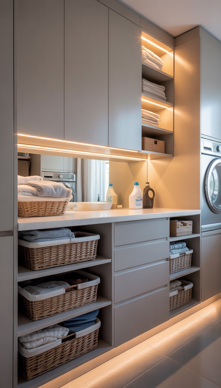 A modern laundry room with white cabinets, under-cabinet LED lights, and organized storage solutions.