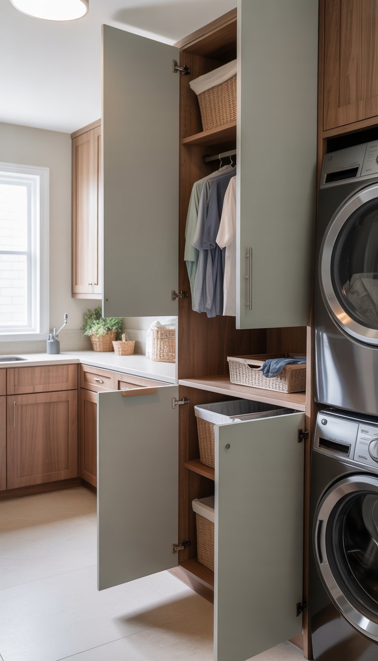 A modern laundry room with neatly organized cabinets and a washer and dryer.