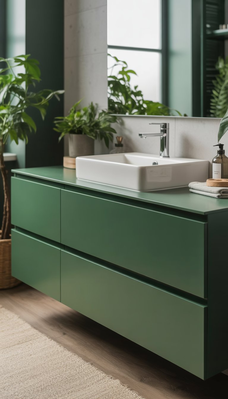 A bathroom with a dark green floating vanity, white vessel sink, chrome faucet, and potted plants, illuminated by natural light.