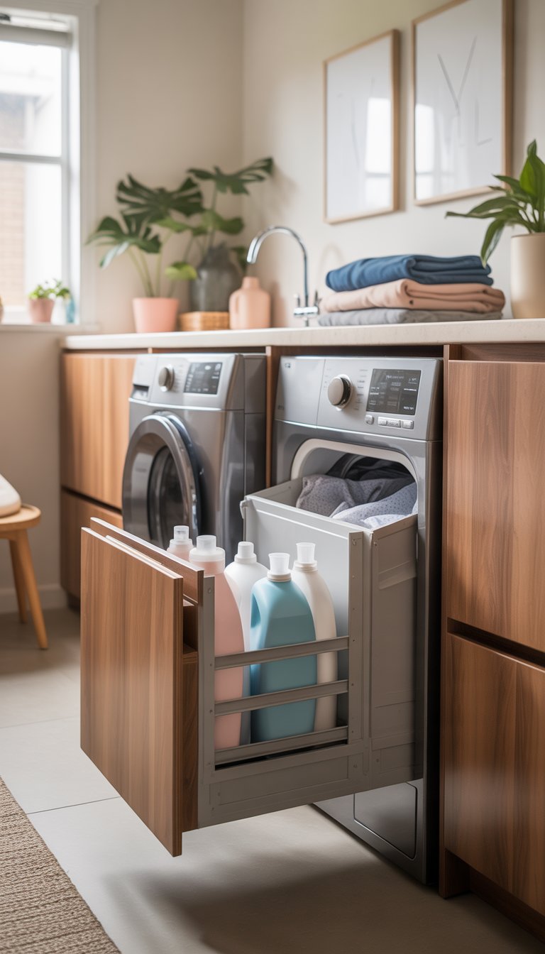A modern laundry room with detergent dispenser cabinets, a washing machine and dryer, folded clothes on a countertop, and natural light coming through a window.