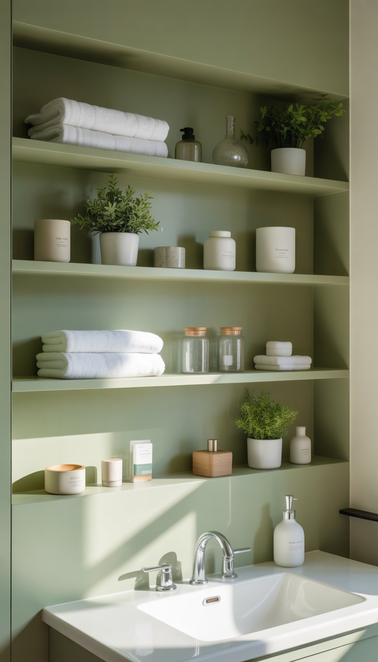 A bathroom with sage green open shelves holding towels, plants, and containers above a white sink.