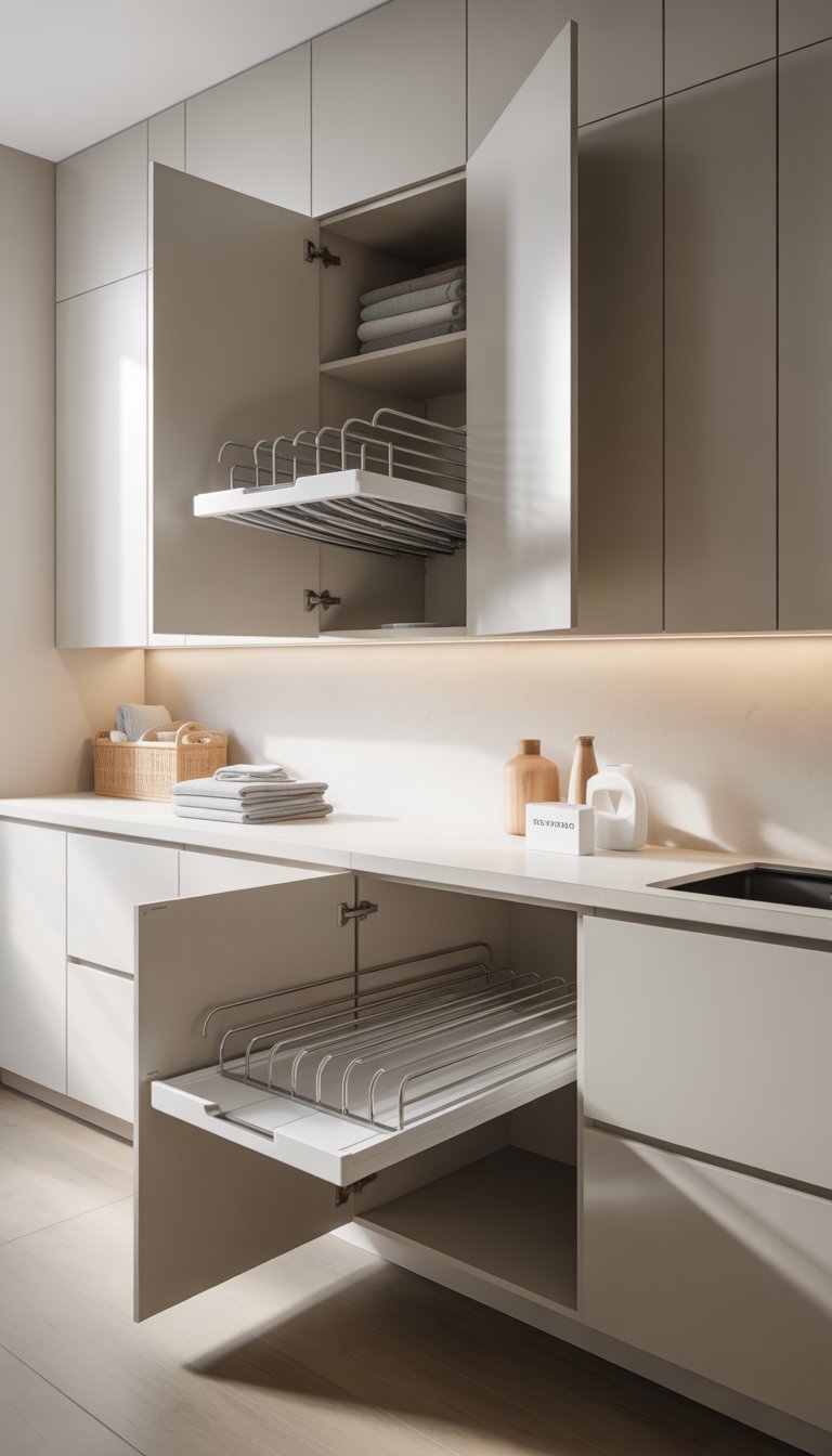 Laundry room with open cabinets showing pull-out drying racks inside, bright and clean space with white cabinetry and light wood floor.