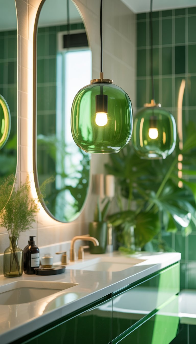 A bathroom with green glass pendant lights hanging above a vanity surrounded by green tiles and plants.