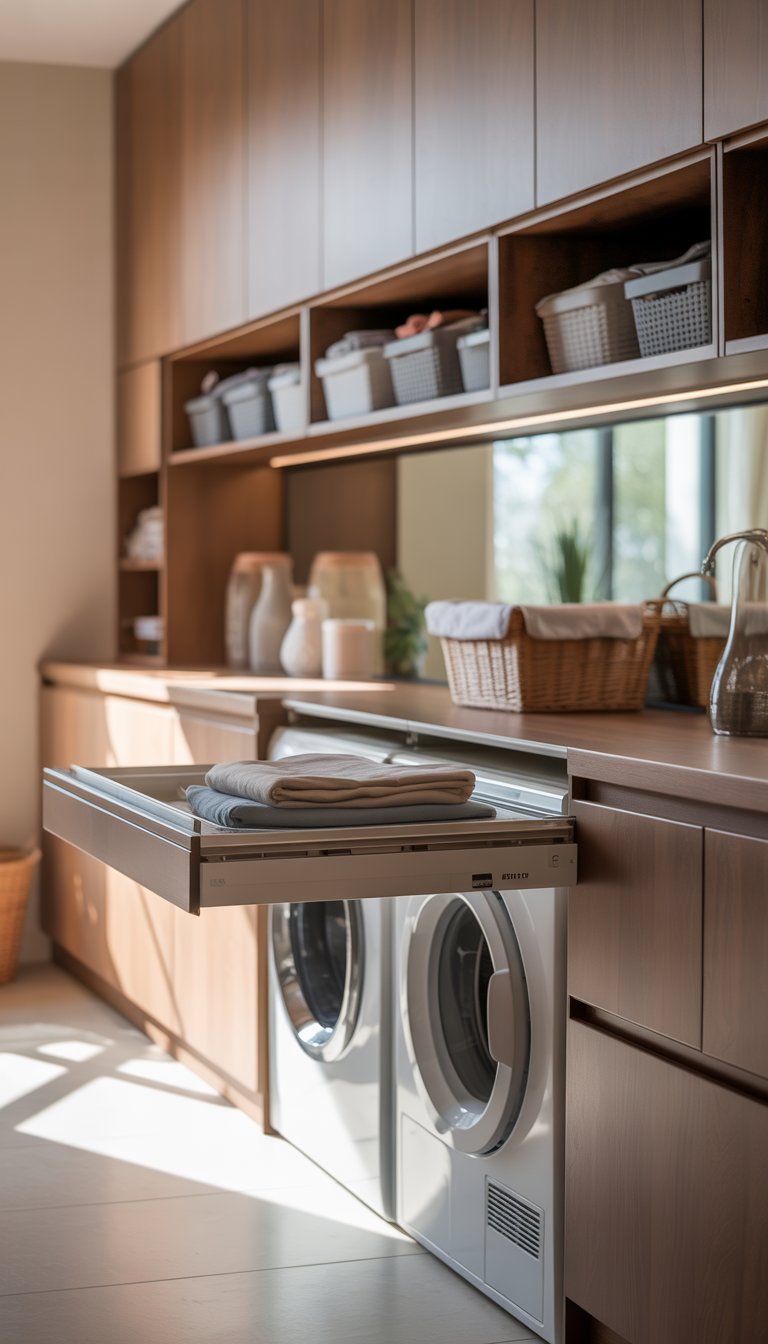 Laundry room with cabinets and retractable work counters extended, showing washing machine, dryer, and organized storage.