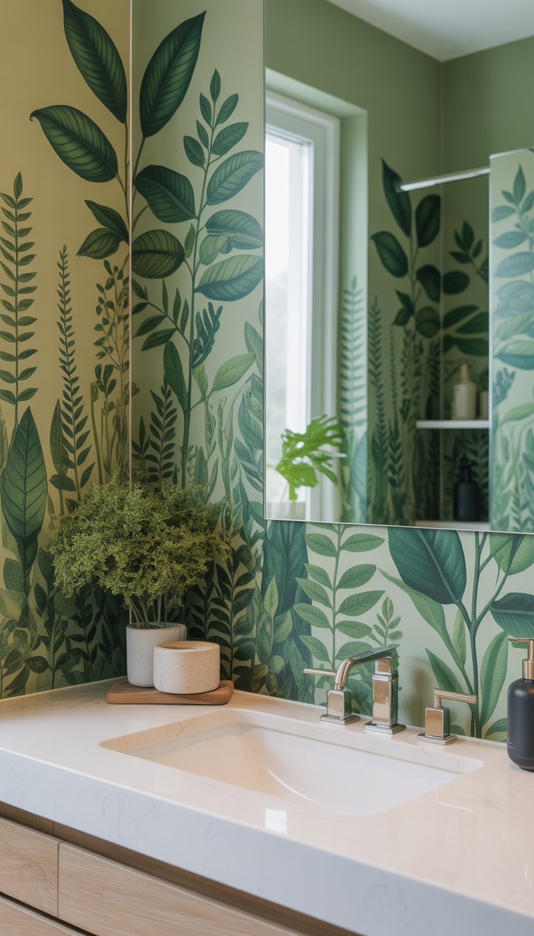 A modern bathroom with green botanical wallpaper, a white sink, natural wood accents, and soft natural light.