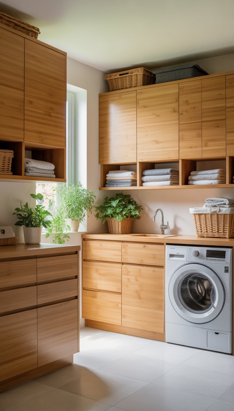 A modern laundry room with bamboo cabinets, a washing machine and dryer, shelves with towels and plants, and natural light coming through a window.