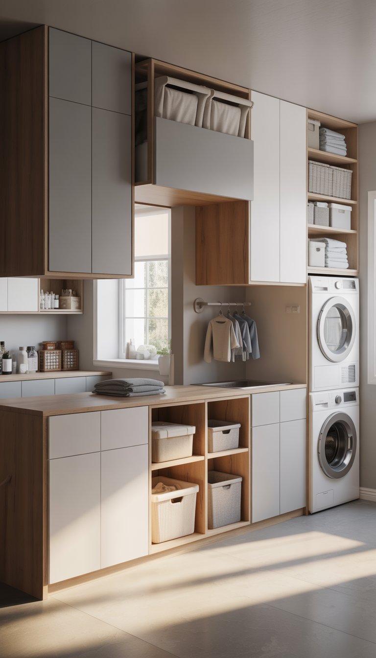 A bright laundry room with modular cabinets arranged around a washer and dryer, featuring shelves and storage spaces for laundry supplies.