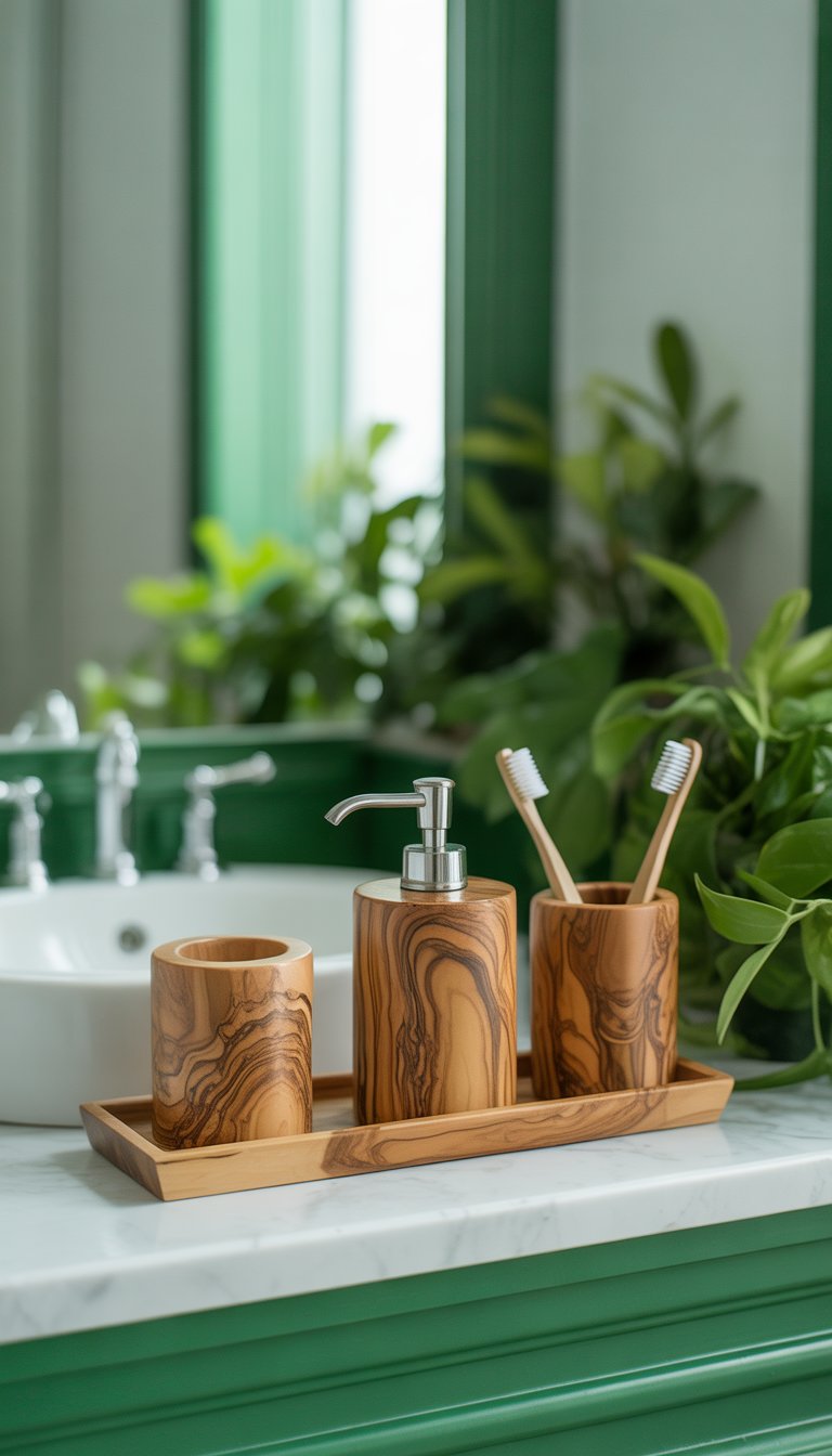 A bathroom countertop with olive wood accessories and green plants around a sink.