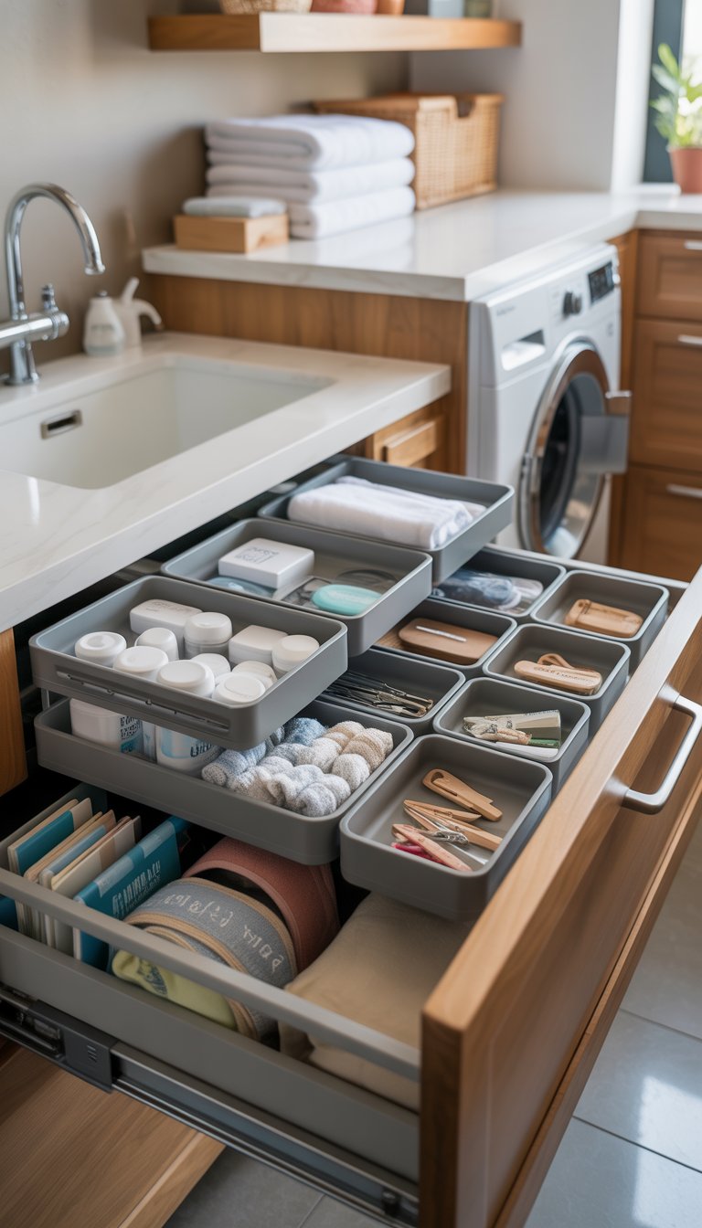 A laundry room cabinet drawer with adjustable dividers organizing small items like laundry pods and clothespins, set in a clean and bright laundry room.