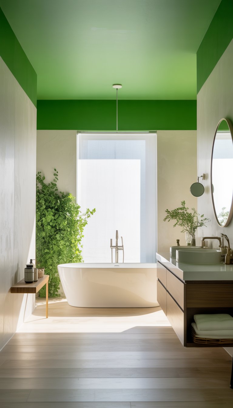A bright bathroom with a vibrant green ceiling, a white bathtub, a floating vanity, and plants.