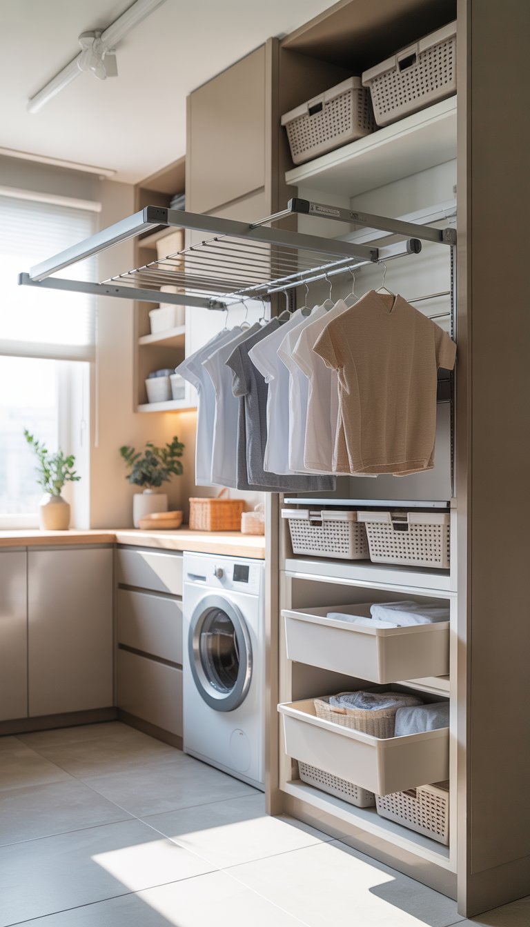 A modern laundry room with a wall-mounted fold-out drying rack and stylish storage cabinets.