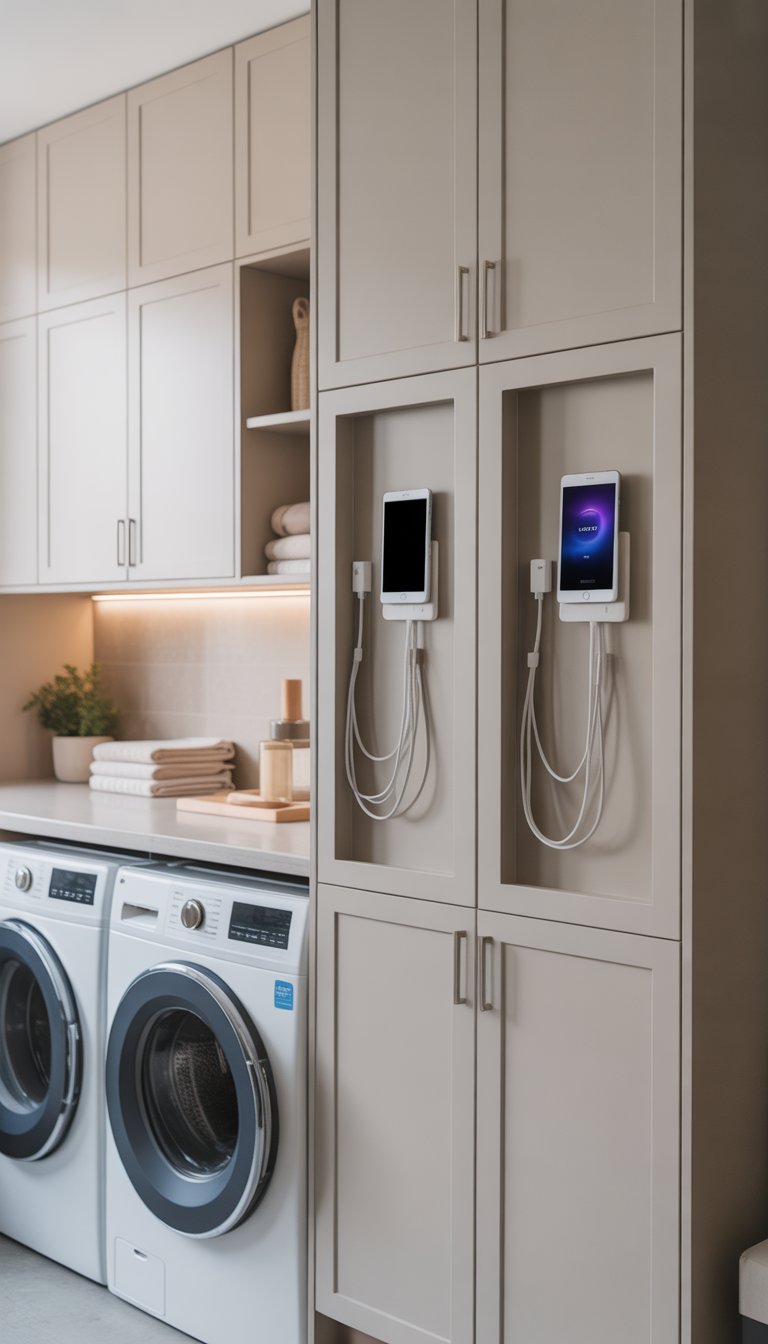 Laundry room with white cabinets featuring built-in charging stations for gadgets, washer and dryer, and organized storage.