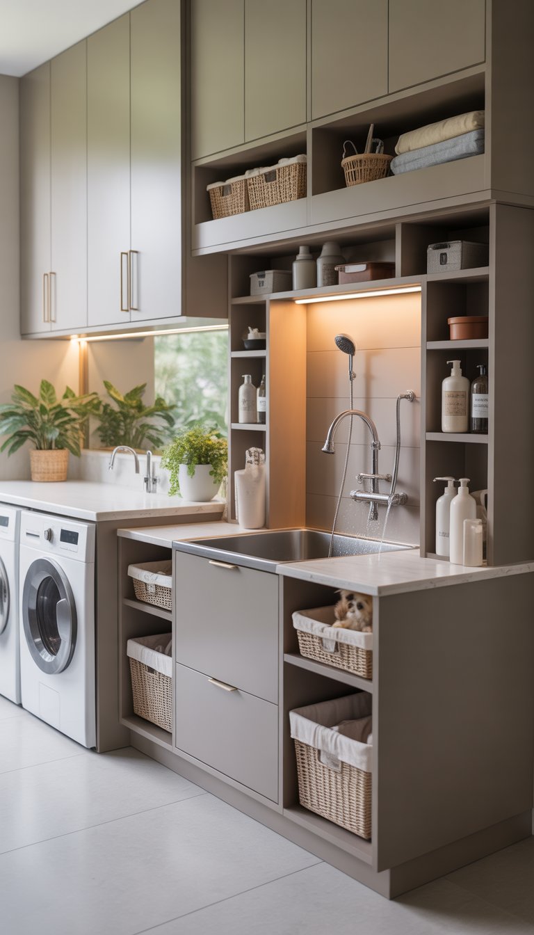 Laundry room with integrated pet washing station built into cabinets, featuring a sink, storage compartments, and pet grooming supplies.