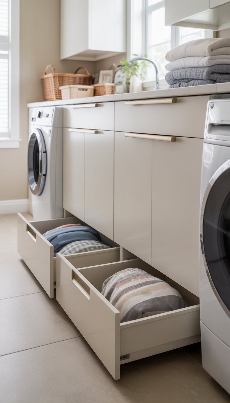 A bright laundry room with white cabinets and built-in toe-kick drawers beneath them, a washing machine and dryer, and neatly folded laundry on the countertop.