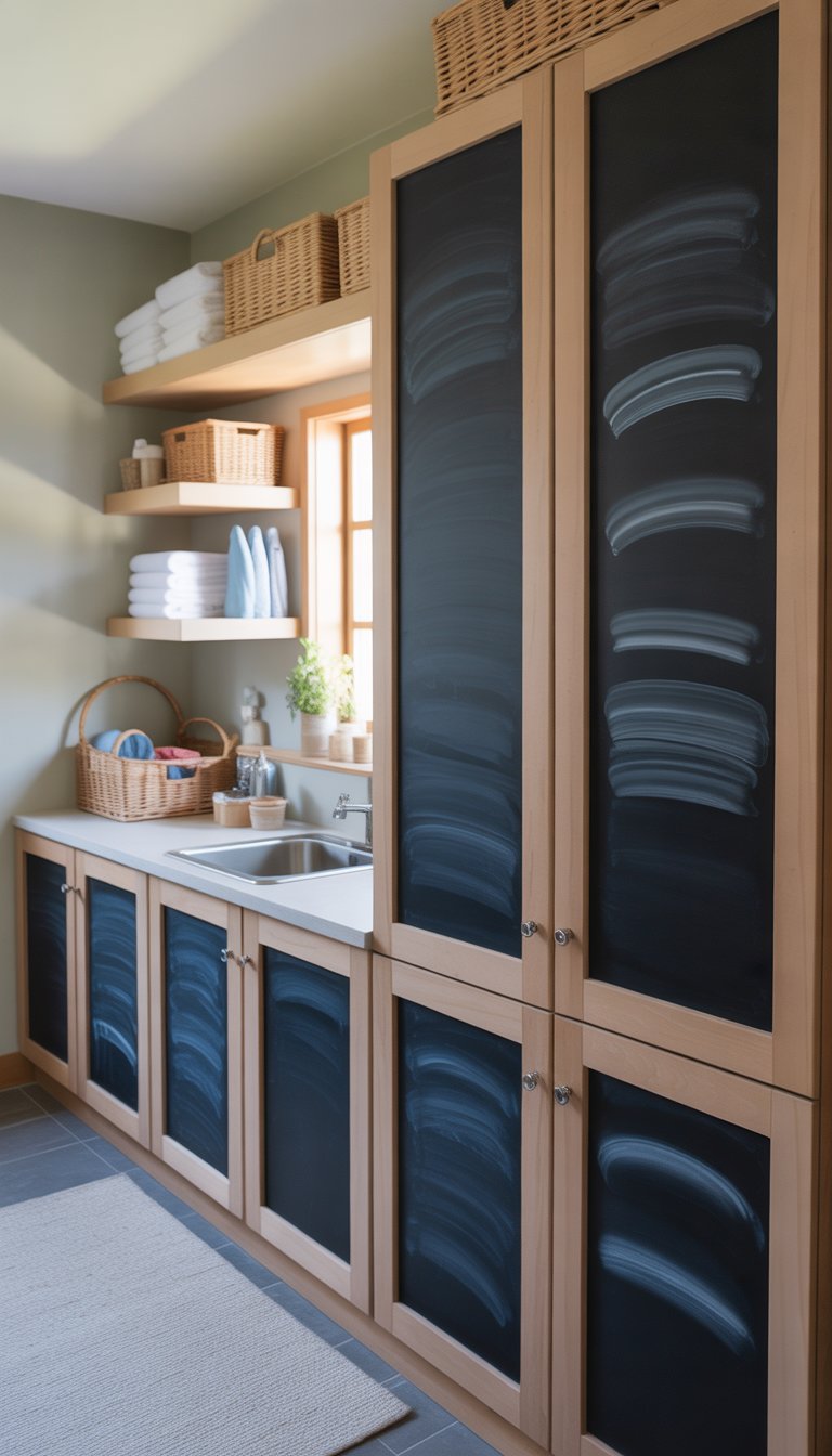 A clean laundry room with cabinets painted in black chalkboard paint, white countertop, sink, open shelves with towels and baskets, and natural light coming through a window.