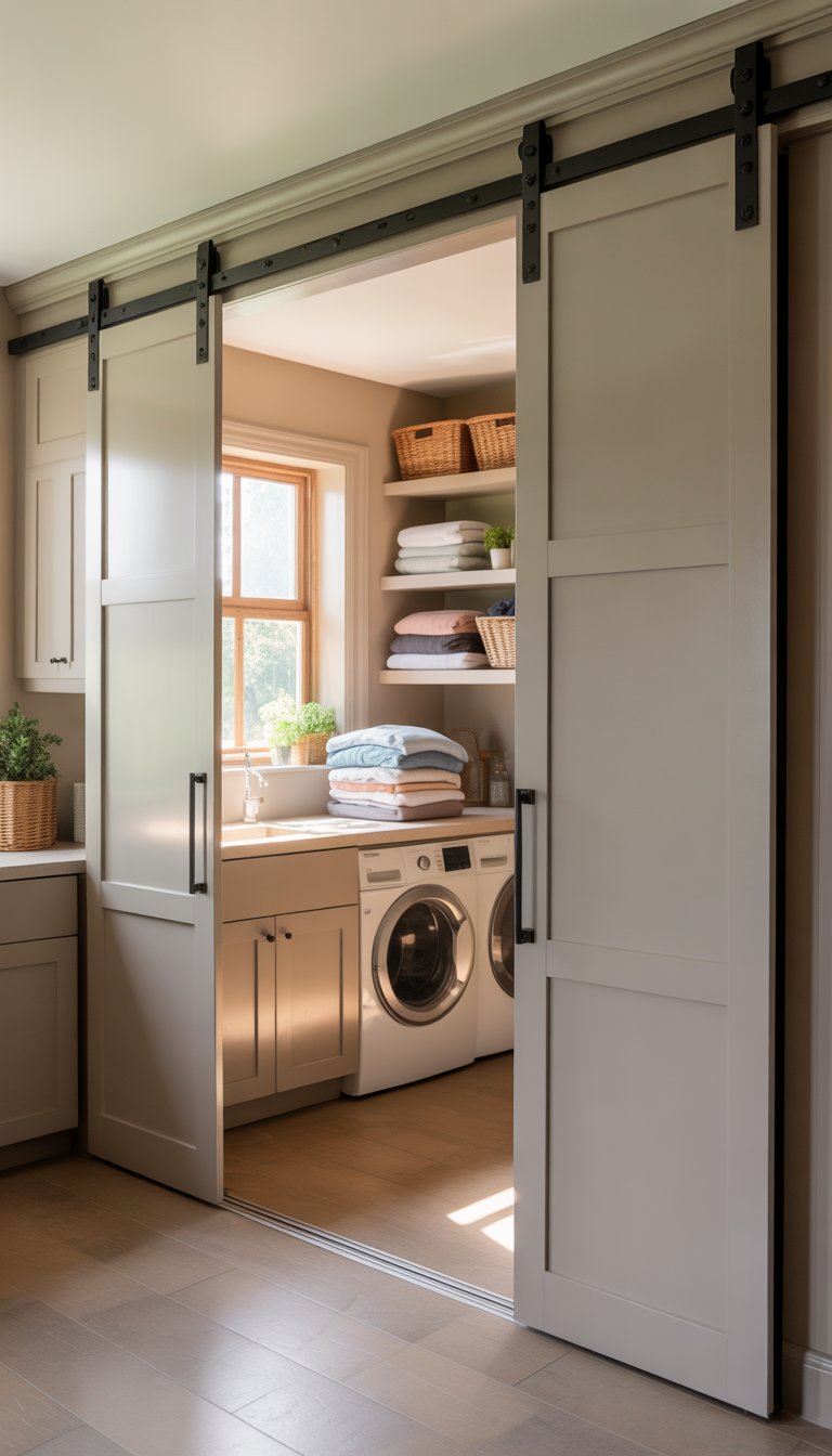 A bright laundry room with cabinets featuring sliding barn-style doors, a washing machine and dryer, countertop with folded laundry, shelves with storage baskets, and natural light coming through a window.