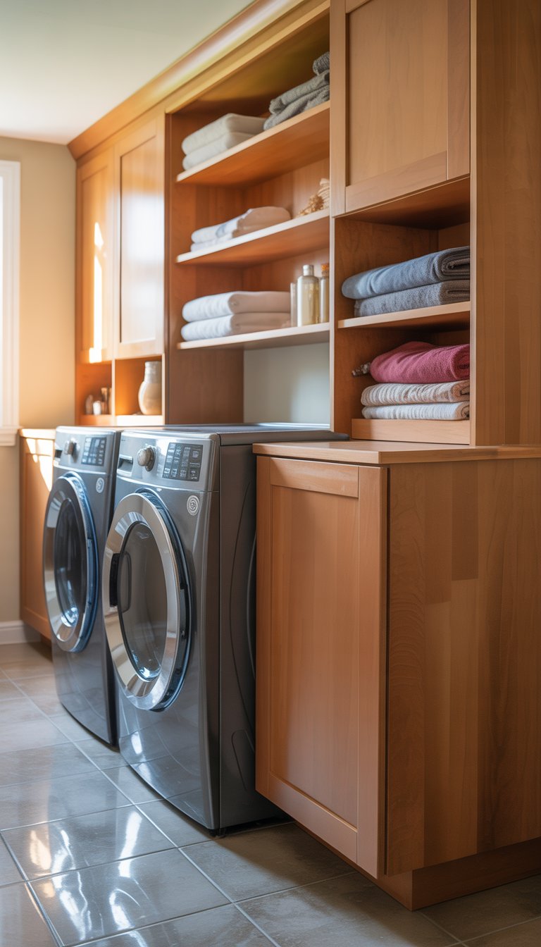 Laundry room with heat-resistant cabinets next to front-loading dryers and organized storage shelves.