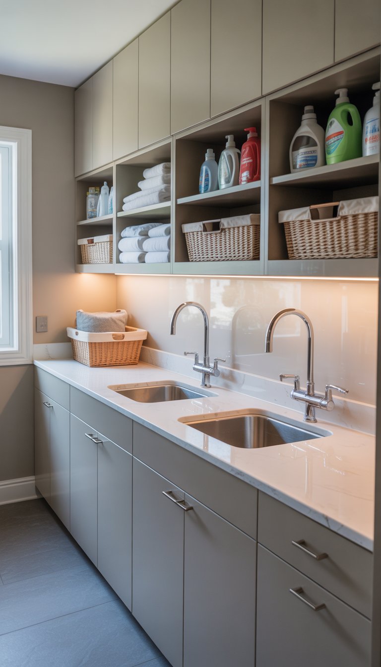 A laundry room with built-in utility sinks integrated into cabinet units, surrounded by organized storage and laundry supplies.