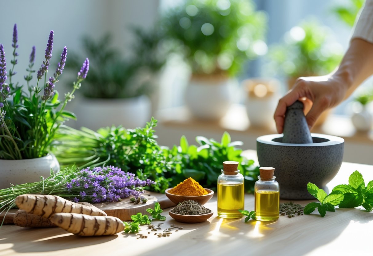 Hands preparing fresh herbs and herbal oils on a wooden table in a bright, natural wellness setting.