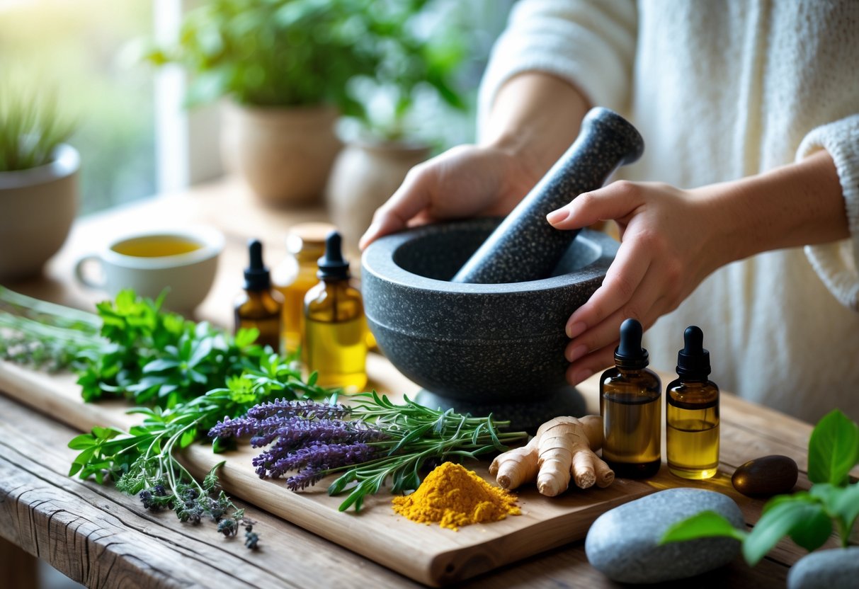 A person grinding fresh herbs on a wooden table surrounded by jars of herbal oils and a cup of herbal tea in a calm, bright room.