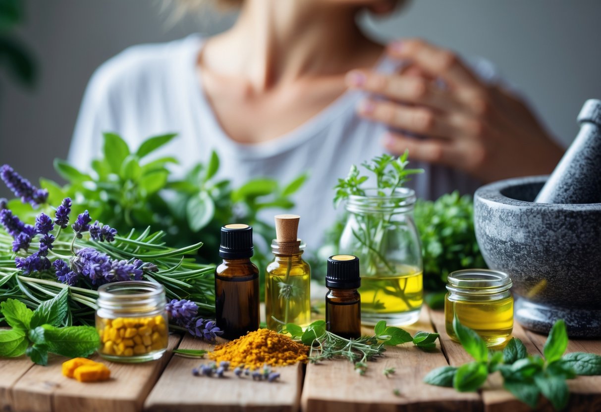 A wooden table with fresh herbs, glass jars of herbal remedies, and a mortar and pestle, with a person gently massaging their shoulder in the background.
