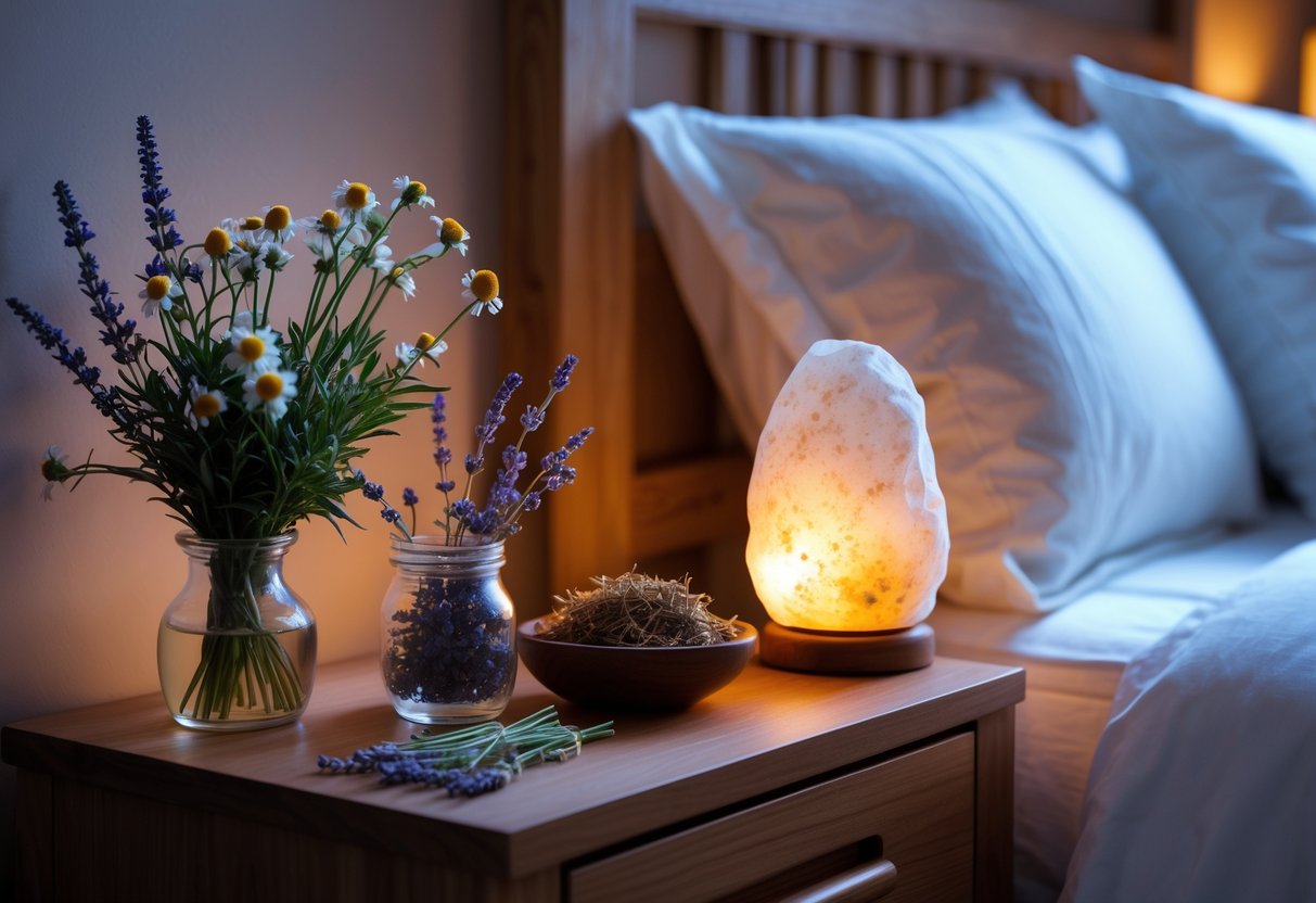 A bedside table with jars of chamomile, lavender, and valerian root next to a softly lit bed in a calm bedroom setting.