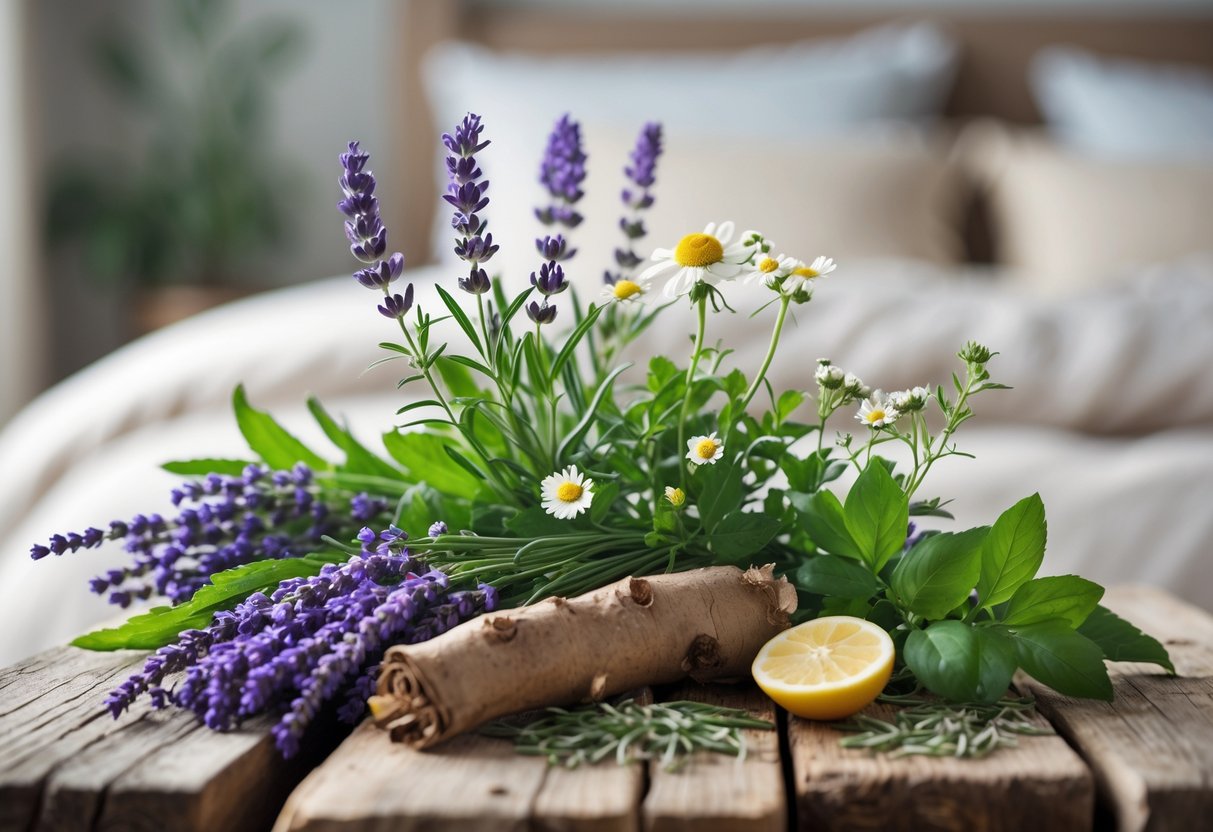 A peaceful arrangement of lavender, chamomile, valerian root, and lemon balm herbs on a wooden surface with a blurred cozy bedroom in the background.