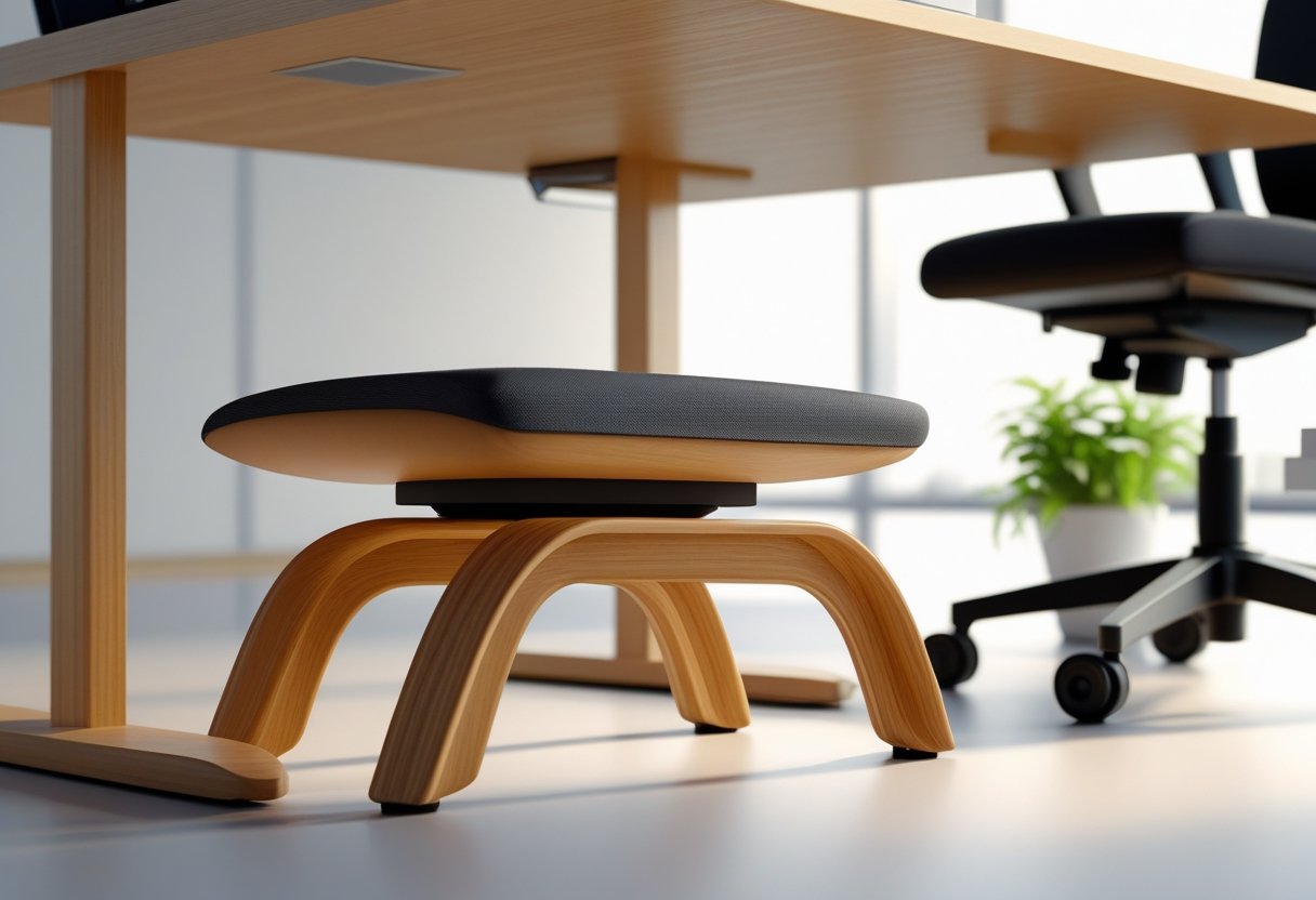 Un repose-pied en bois sous un bureau de bureau moderne avec une chaise de bureau à roulettes à côté.