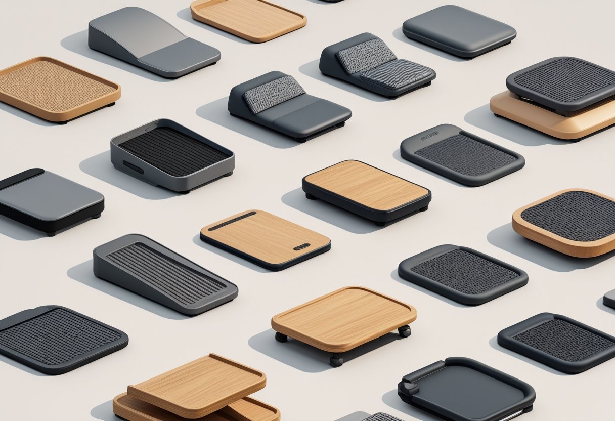 Illustration montrant différents types de repose-pieds pour bureau, avec plusieurs modèles disposés sur un fond neutre.