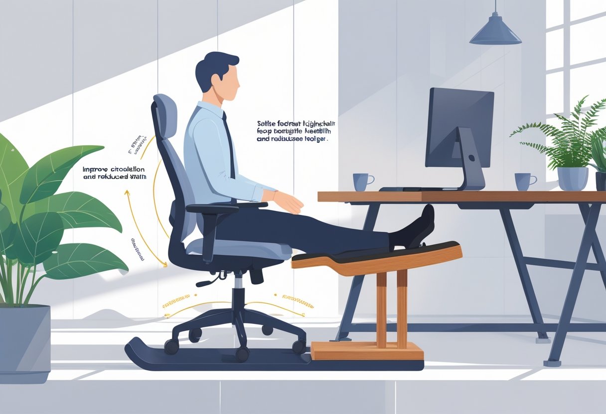 Personne assise à un bureau utilisant un repose-pied pour adopter une bonne posture, dans un environnement de bureau professionnel.