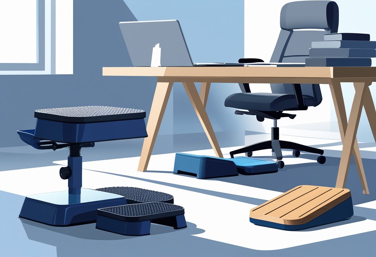 Espace de bureau avec plusieurs repose-pieds ergonomiques placés sous un bureau moderne, mettant en avant différents modèles et matériaux.