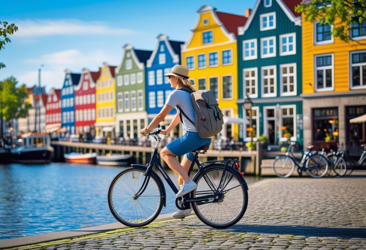 A person riding a bicycle along a cobblestone street near colorful waterfront buildings and boats in Copenhagen.