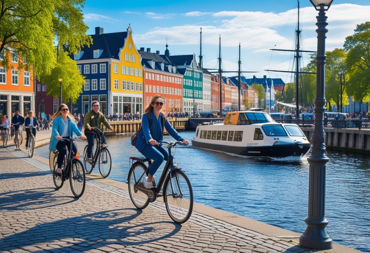 People riding bicycles, a tram, and a ferry boat near colorful waterfront buildings in Copenhagen on a sunny day.