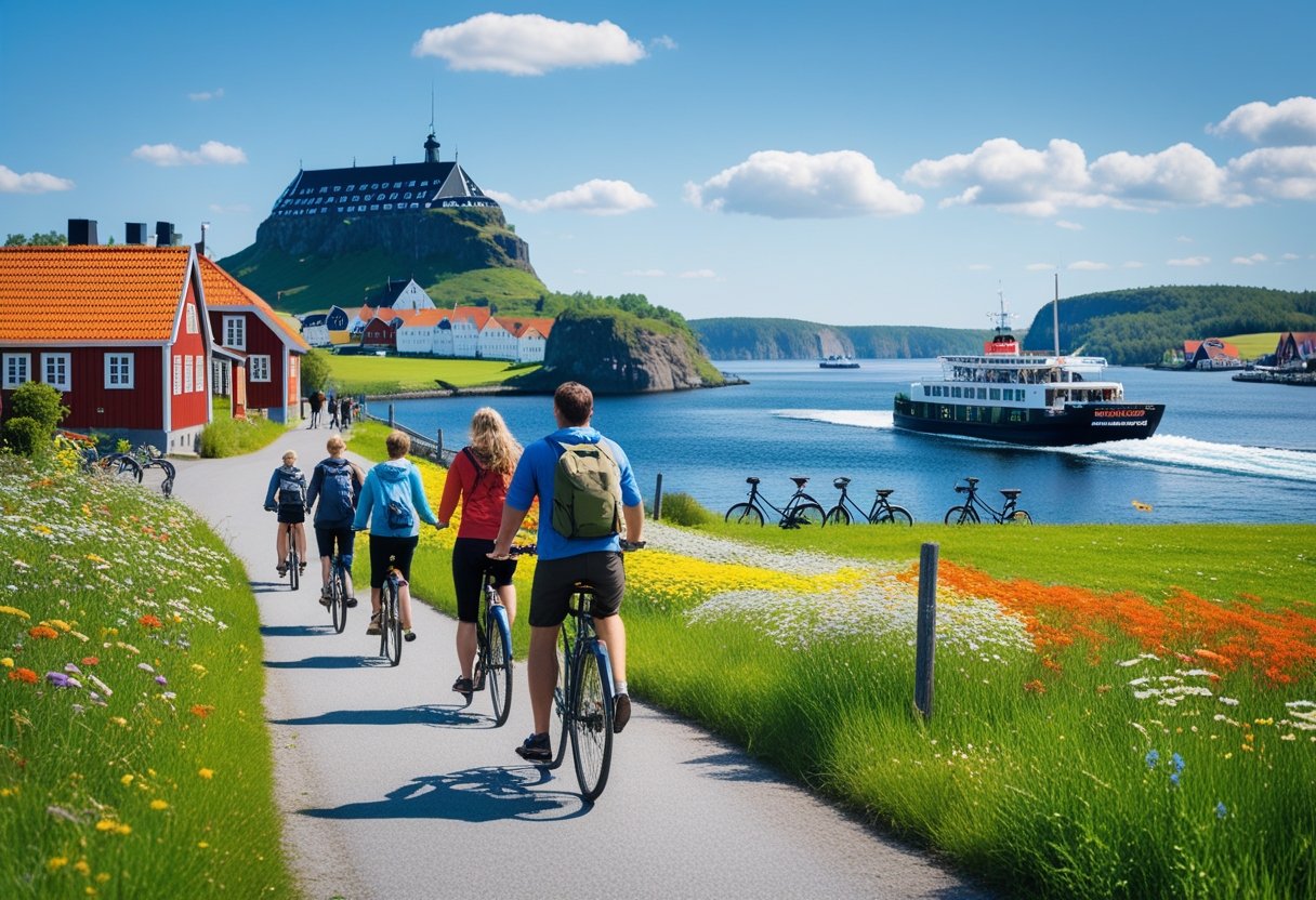 Travelers cycling along a path in the Danish countryside with a castle, ferry, and harbor town in the background on a sunny day.