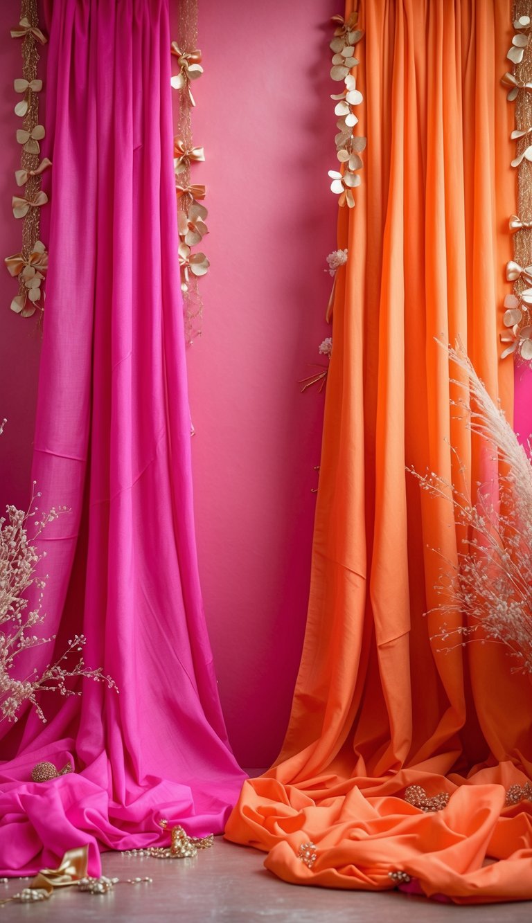 A colorful wedding backdrop with hot pink and orange fabrics accented by gold decorations.