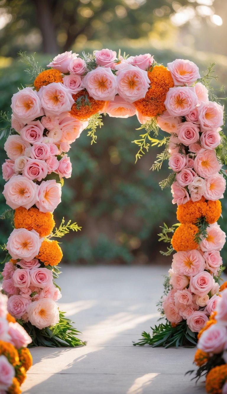 A floral arch decorated with pink roses and orange marigolds forming a wedding backdrop.