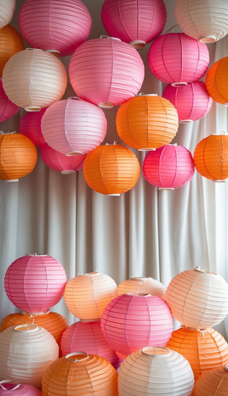 A wedding backdrop decorated with alternating pink and orange paper lanterns hanging against a neutral background.