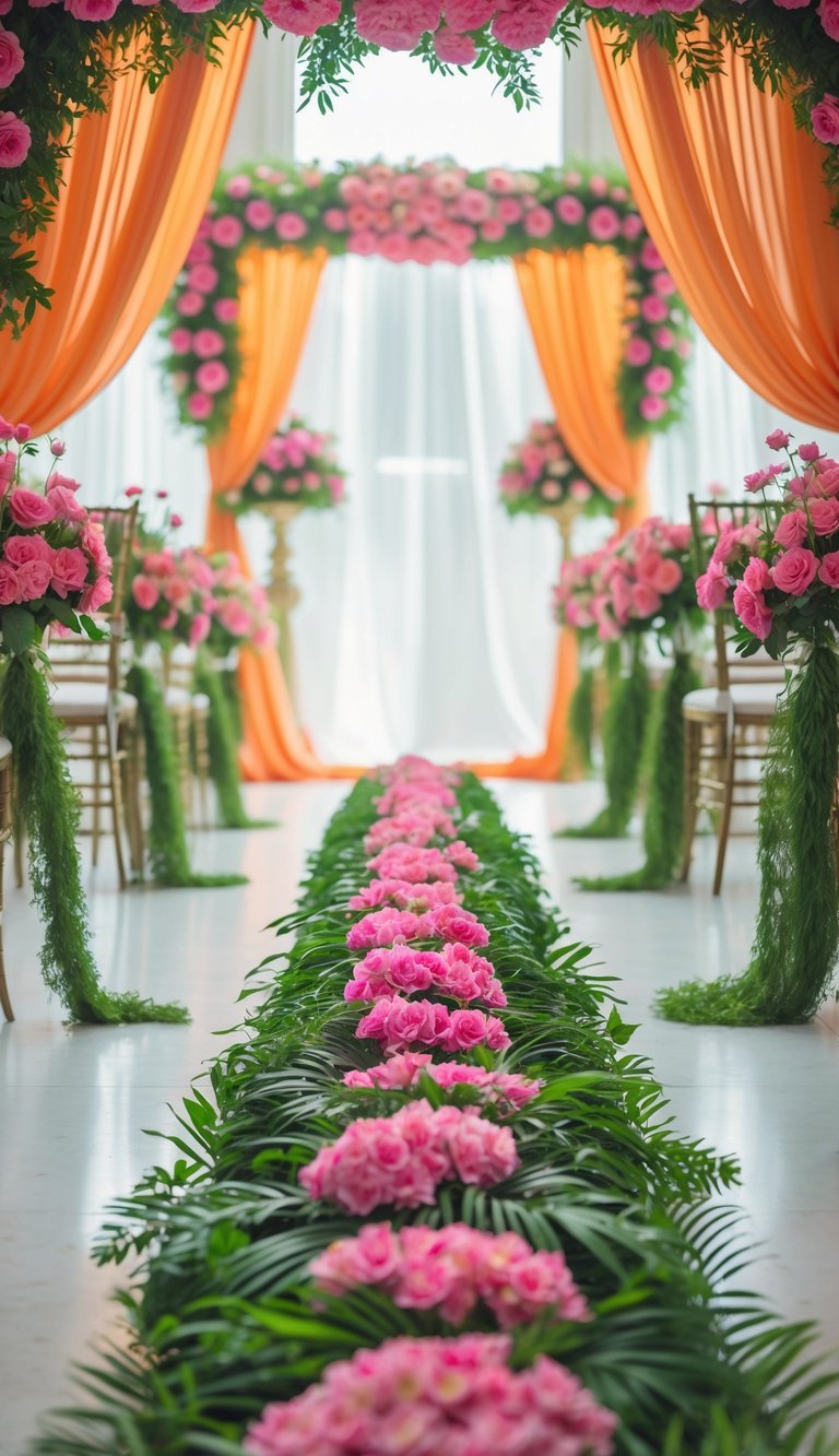 A wedding aisle decorated with green plants, pink flowers, and orange fabric drapes.