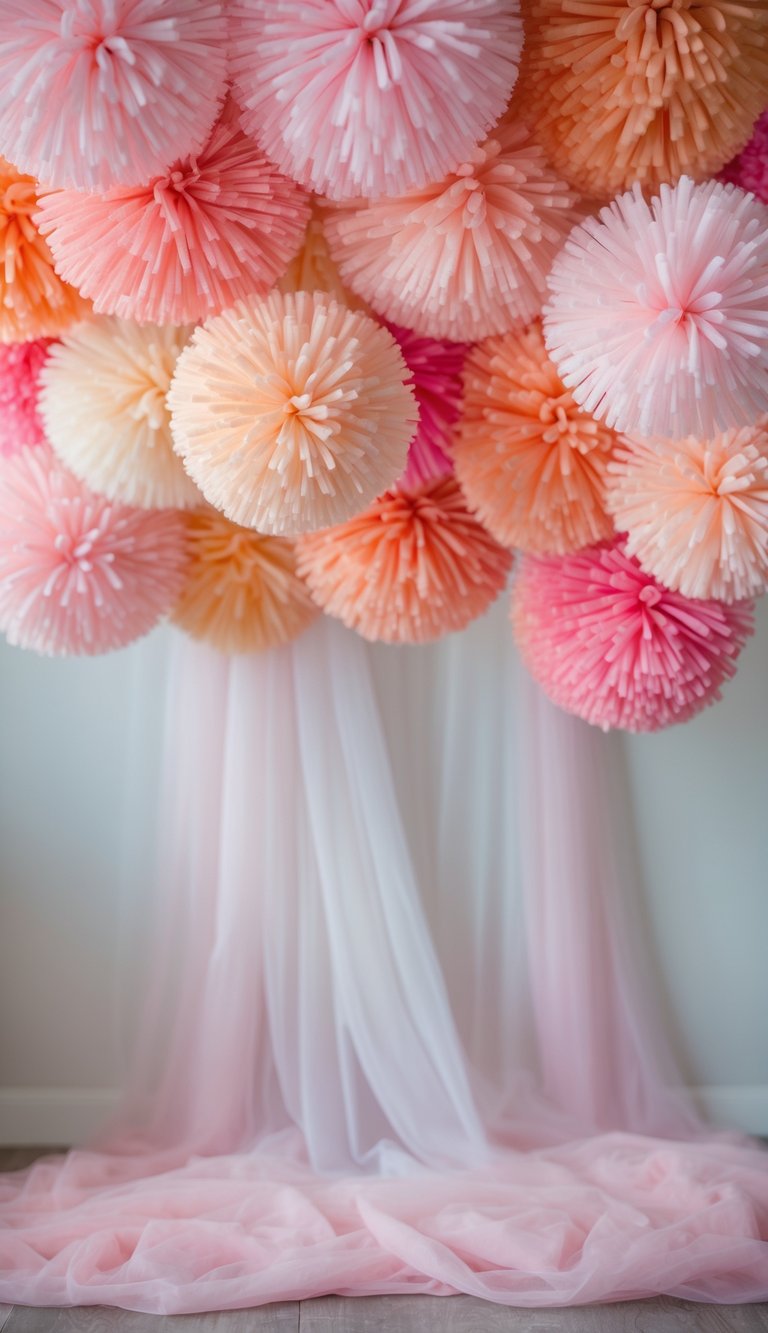 A wedding backdrop with about 15 bubblegum pink and peach colored pompoms hanging overhead.