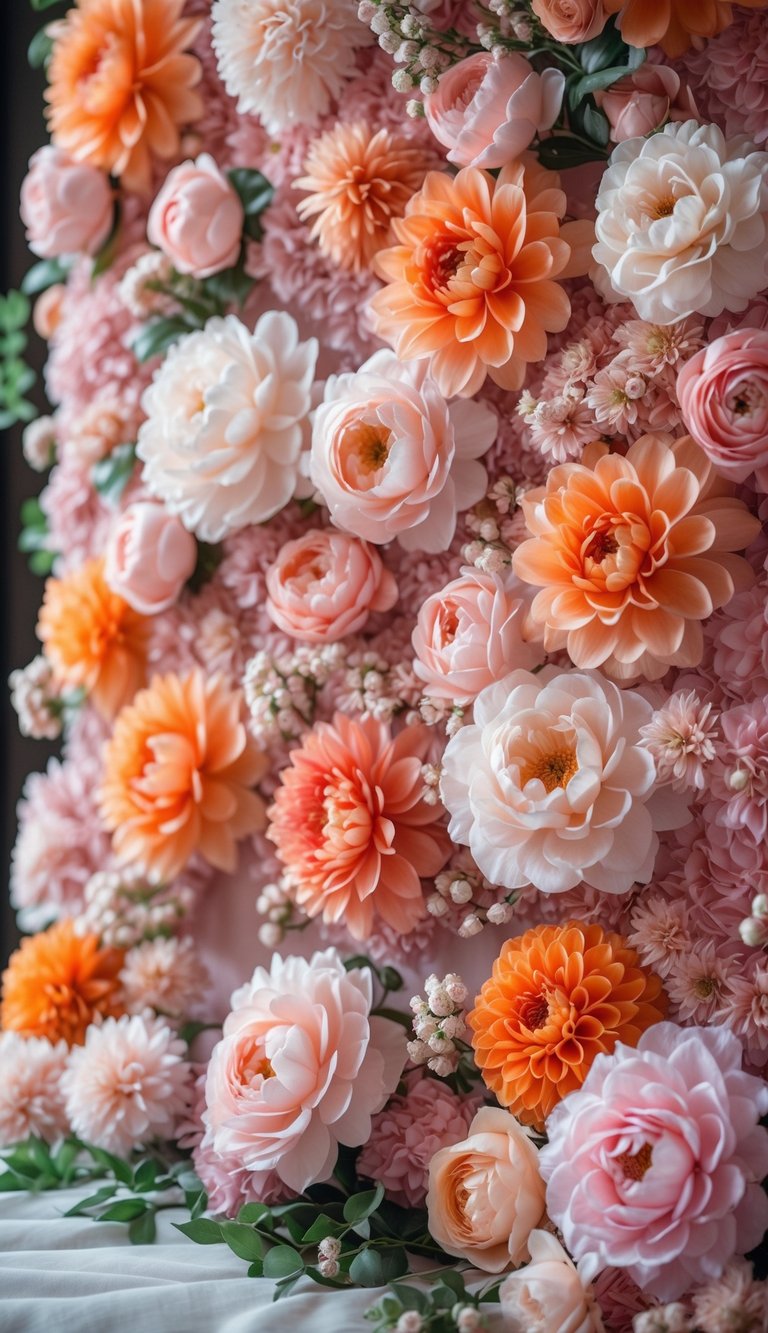 A colorful flower backdrop made of pink and orange artificial flowers arranged closely together.