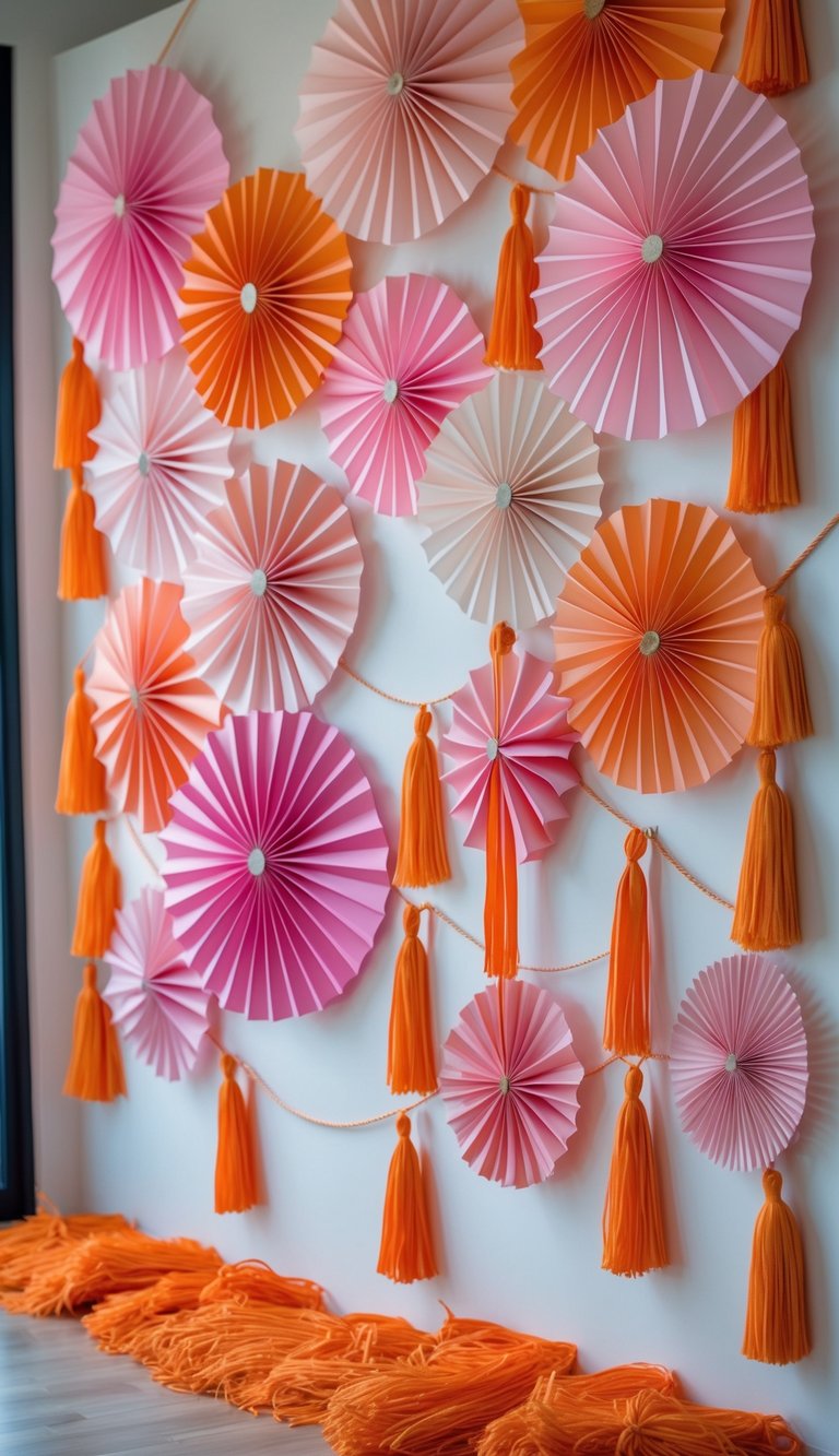 A wall decorated with pink folding fans and orange tassels arranged as a wedding backdrop.