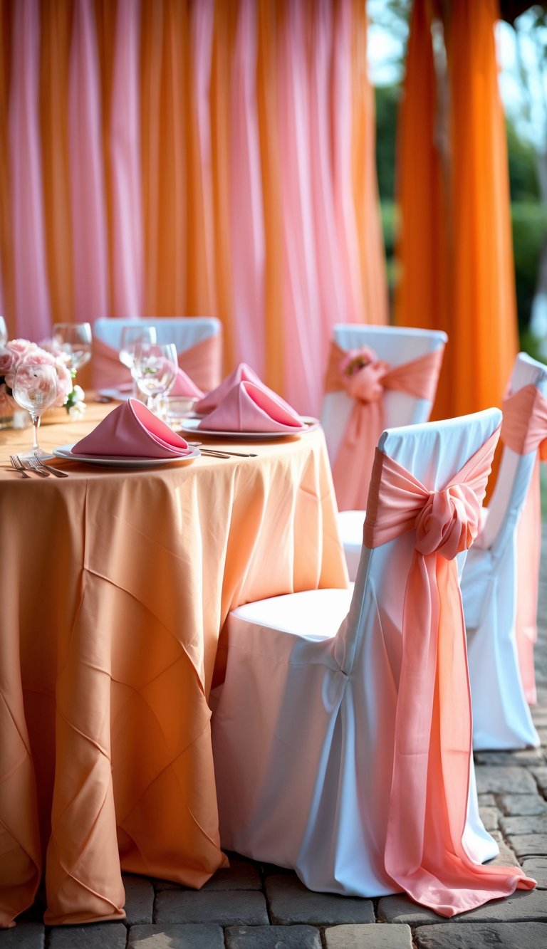 A wedding table with an orange tablecloth, pink napkins, and chairs tied with pink ribbons, set against a pink and orange backdrop.
