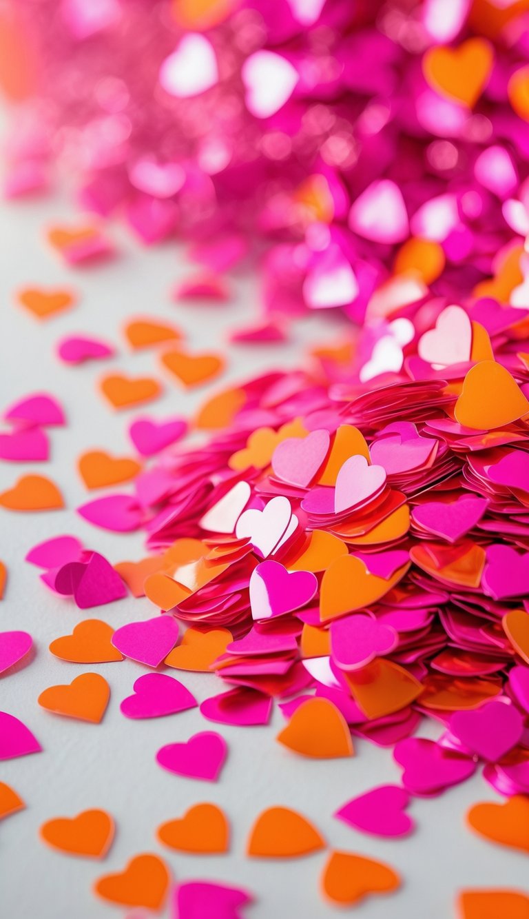 Close-up of hot pink and bright orange heart-shaped confetti scattered against a soft background.
