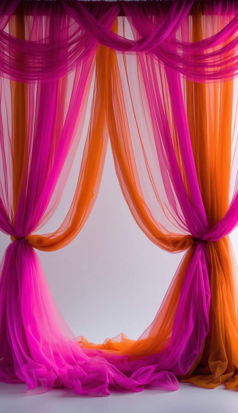 Layered fuchsia and burnt orange tulle curtains arranged as a wedding backdrop.