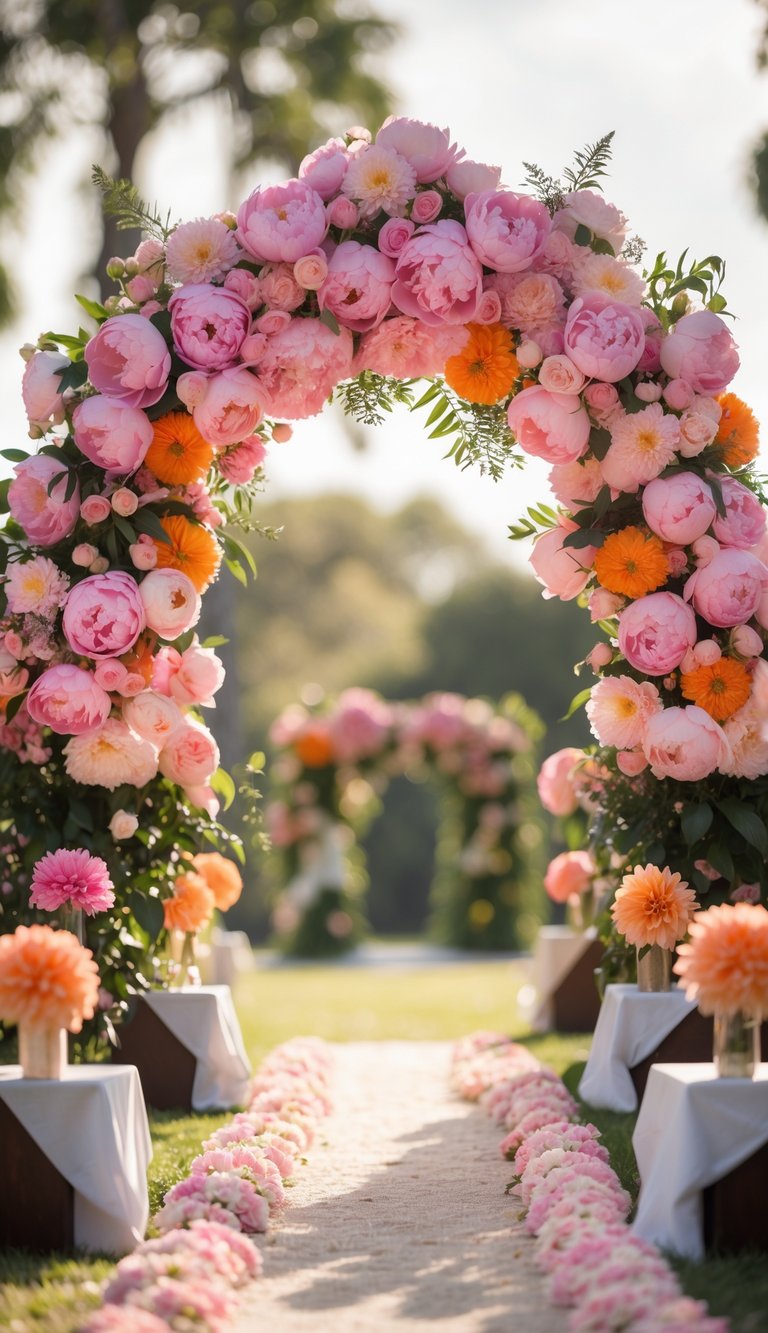 A wedding ceremony arch decorated with pink peonies and orange dahlias outdoors.