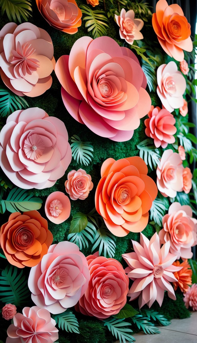 A colorful backdrop made of pink and orange paper flowers with green leaves.