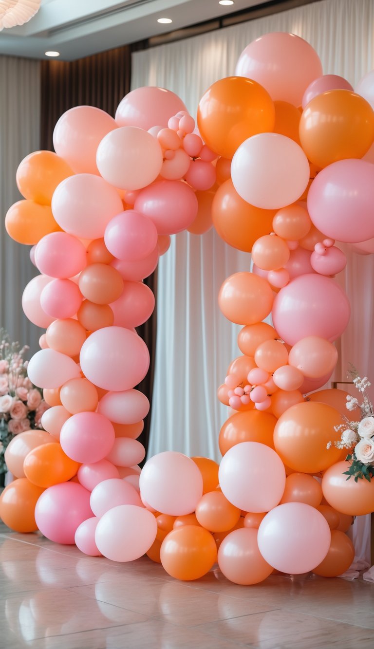 A clustered balloon garland in shades of pink and orange arranged as a wedding backdrop.