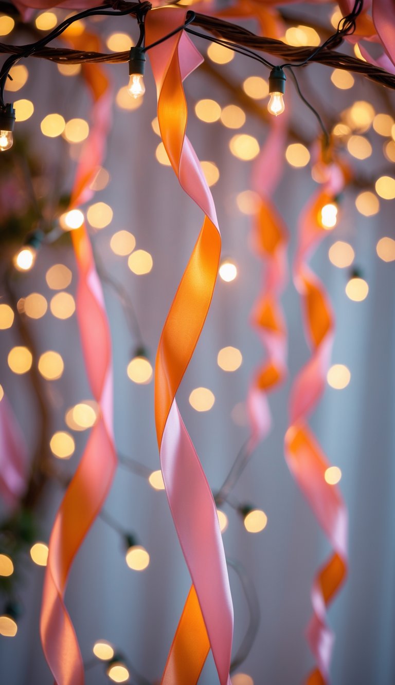Wedding backdrop with fairy lights intertwined with pink and orange ribbons creating a warm and festive atmosphere.