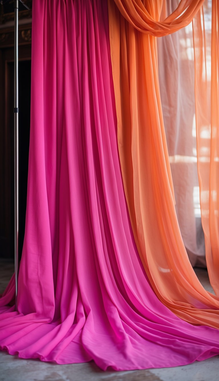 A wedding backdrop with bold fuchsia fabric panels and soft orange chiffon drapes arranged in flowing layers.