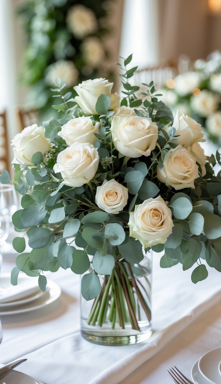 A wedding table centerpiece with white roses and eucalyptus leaves in a glass vase on a white tablecloth.